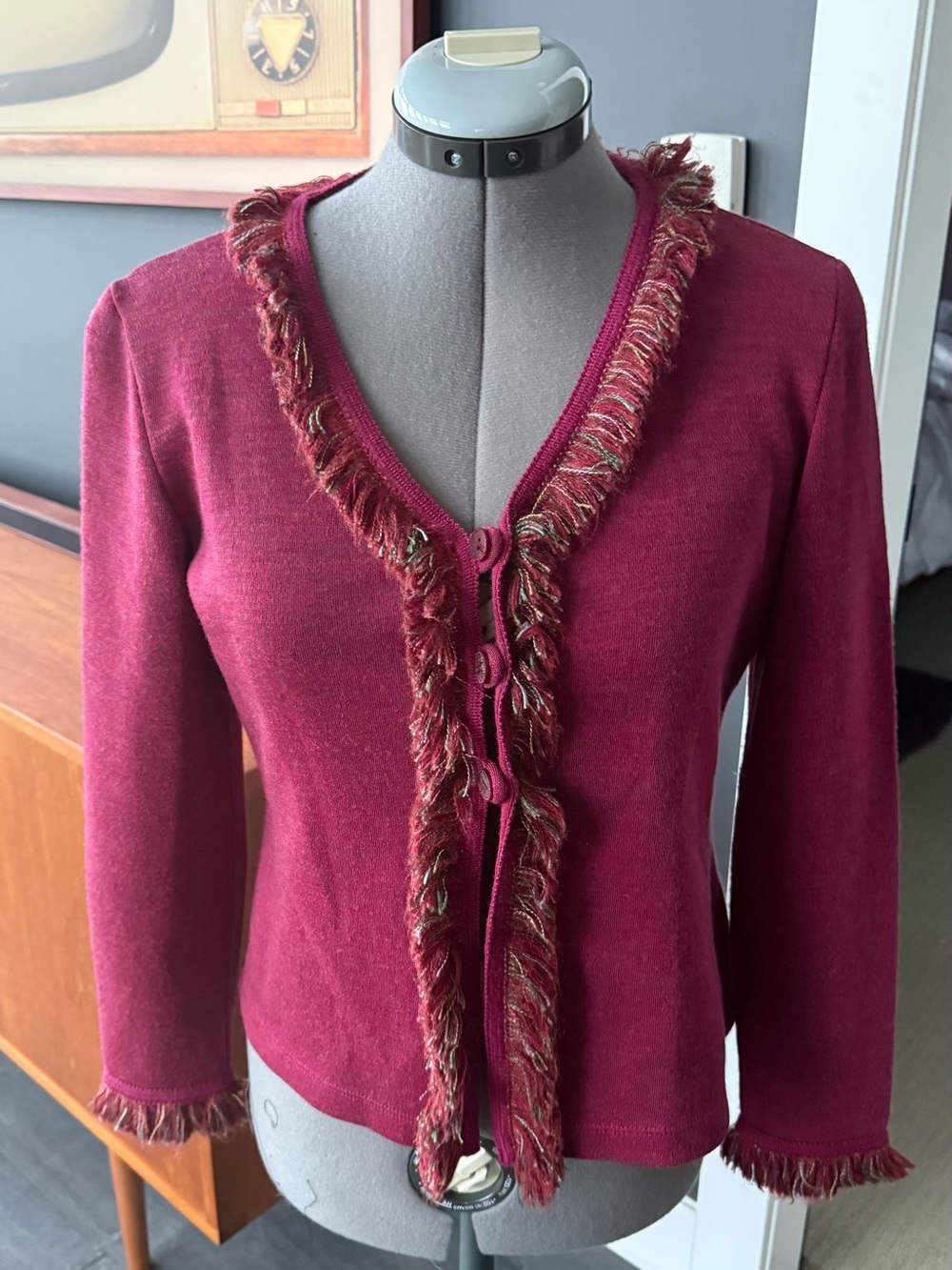 M by Missoni Burgundy Fringe-Trim Button Cardigan